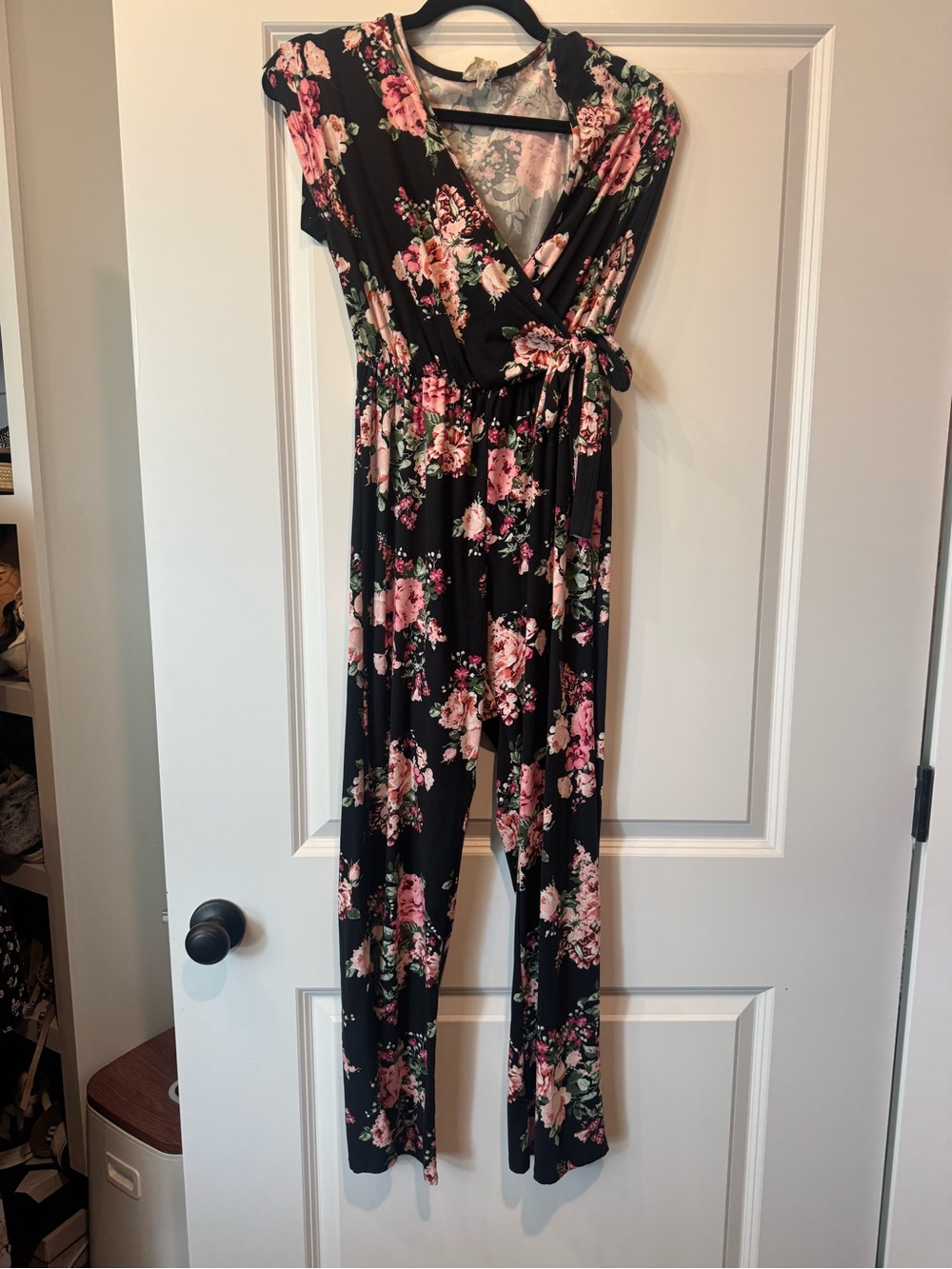 Floral Wrap Jumpsuit - Black with Pink Floral